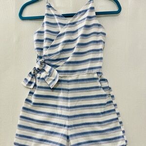 Habitual Girl Pearl Wrap Romper Cotton Blend White Blue Stripes Girls Size 12